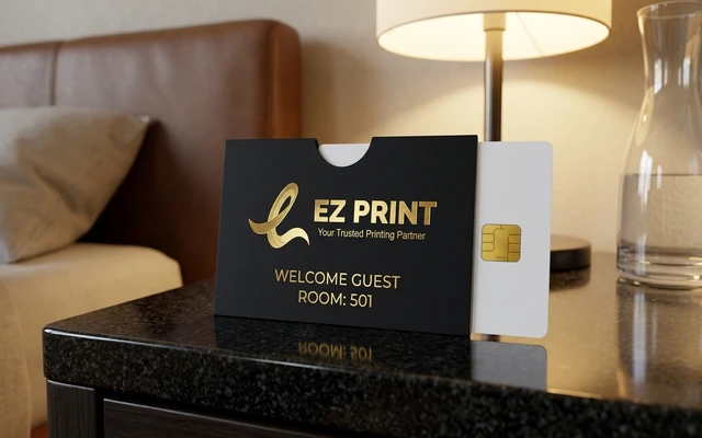 Hotel key card pocket sleeves with magnetic card slot, with the EZ Print logo.