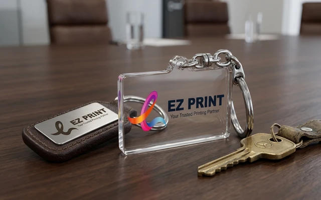 Laser-cut acrylic keychains with stainless steel split ring, with the EZ Print logo.