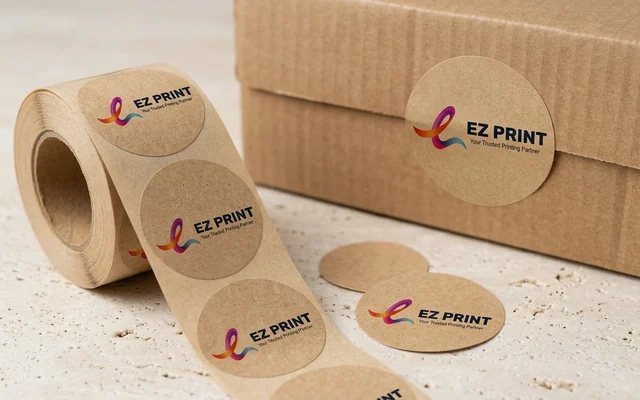 Textured brown kraft paper stickers for organic packaging, with the EZ Print logo.