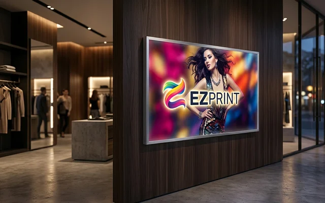 Backlit lightbox graphics with uniform illumination, with the EZ Print logo.