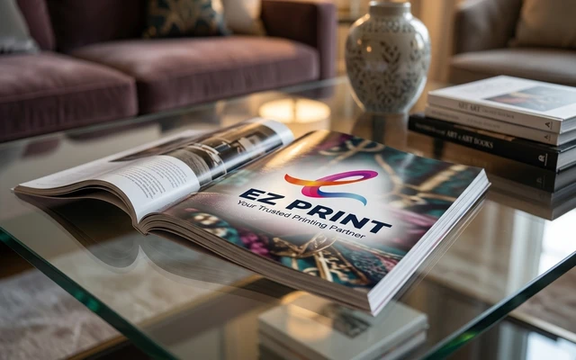 Full-colour magazines with glossy cover and clean binding, with the EZ Print logo.