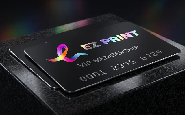 Membership cards with durable finish and custom card graphics, with the EZ Print logo.