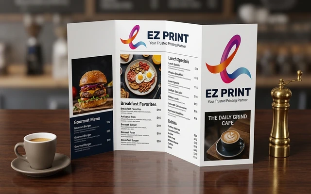 Folded restaurant menus on spill-resistant laminated paper, with the EZ Print logo.
