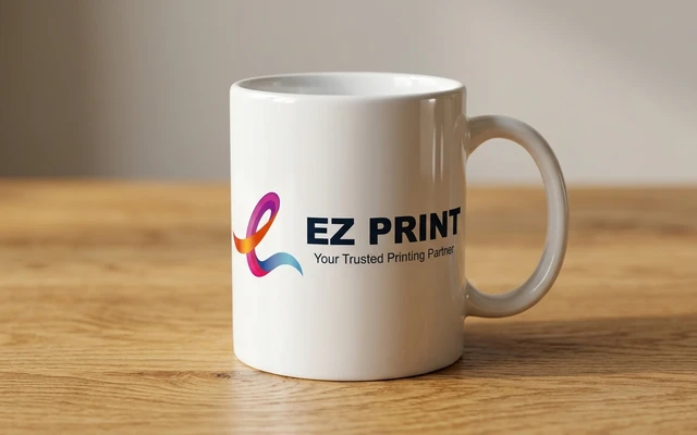 Ceramic mugs with full-colour wraparound sublimation print, with the EZ Print logo.
