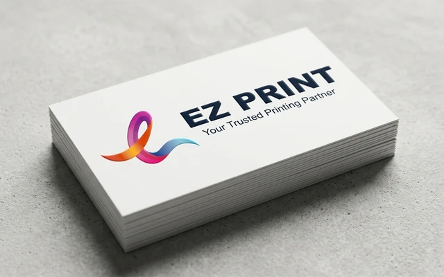 Name cards stacked on an architectural stone desk, with the EZ Print logo.