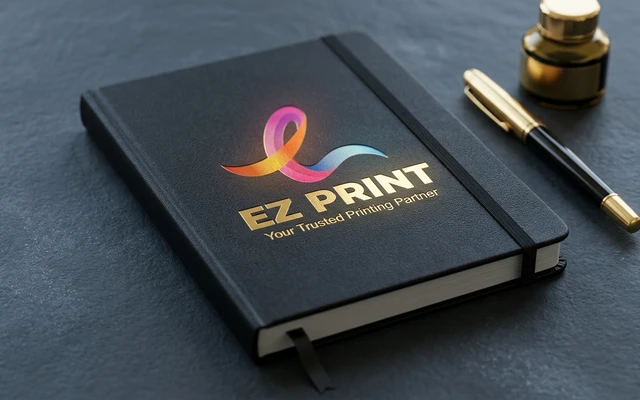 Bound notebooks with custom printed cover, with the EZ Print logo.