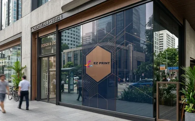 One-way vision perforated window graphics for commercial glass, with the EZ Print logo.