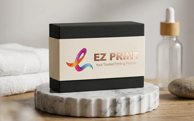 Custom printed packaging sleeves wrapped around plain carton boxes, with the EZ Print logo.