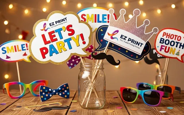 Photo booth props with custom die-cut shapes and holding handles, with the EZ Print logo.