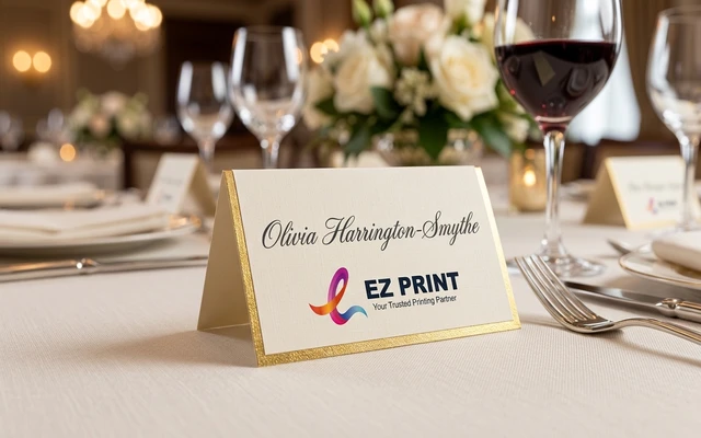 Tent-fold table place cards with calligraphed guest name spaces, with the EZ Print logo.