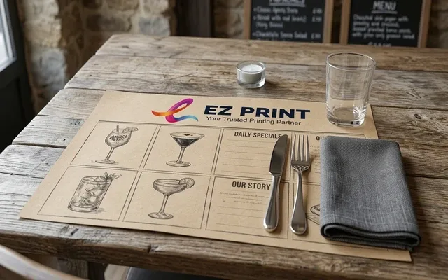 Disposable paper table placemats with illustrated dining layout, with the EZ Print logo.
