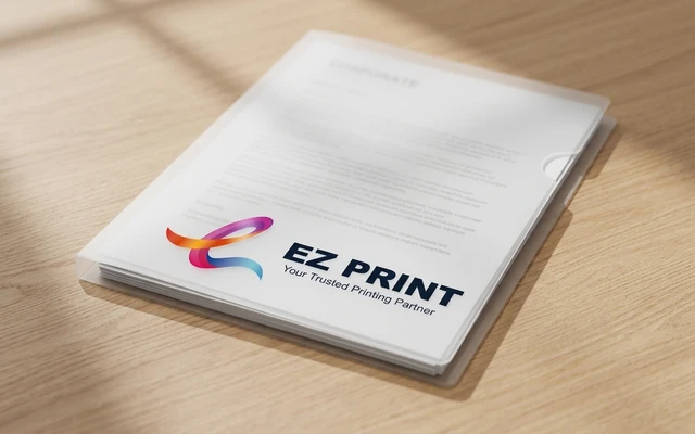 PP plastic document folders with snap button closure, with the EZ Print logo.