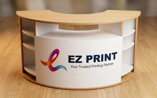 Portable promotion counters with wraparound graphic and top header board, with the EZ Print logo.