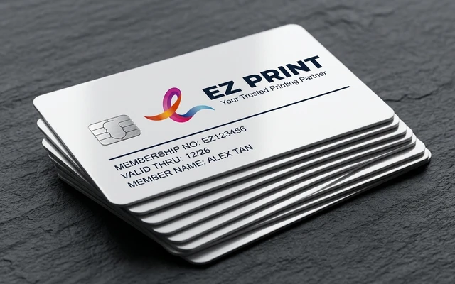 PVC card with crisp printed graphics and magnetic stripe, with the EZ Print logo.