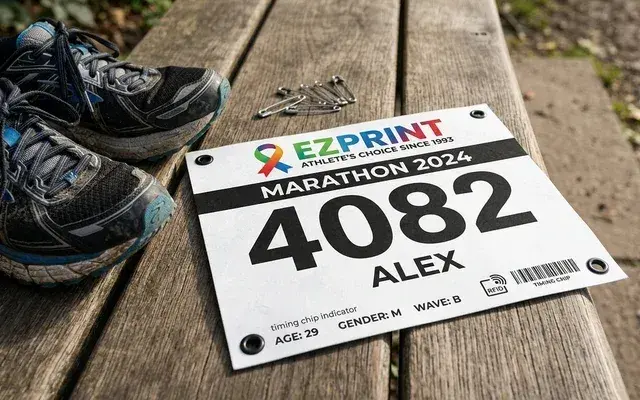 Tear-resistant race bibs with large competitor numbers and corner pin holes, with the EZ Print logo.