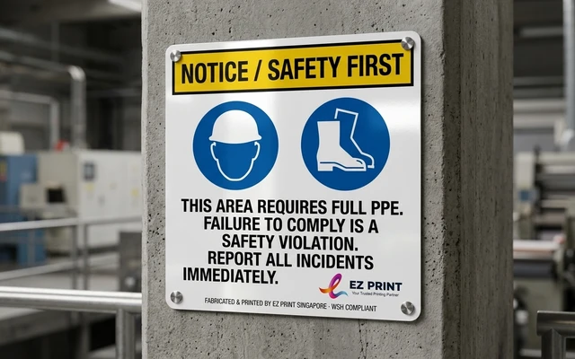 Standardised safety signs with clear warning pictograms, with the EZ Print logo.