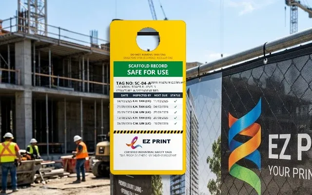 Scaffold inspection tags with status fields, with the EZ Print logo.