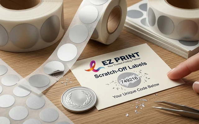 Scratch-off stickers with peel-and-reveal silver coating, with the EZ Print logo.