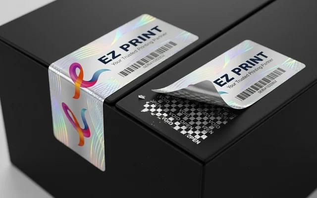 Tamper-evident security stickers showing void pattern upon removal, with the EZ Print logo.