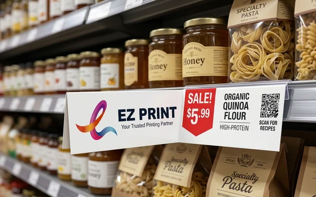 Shelf talkers slotted into supermarket shelf price channels, with the EZ Print logo.