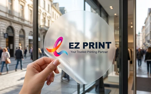 Static cling window decals on clear glass, with the EZ Print logo.