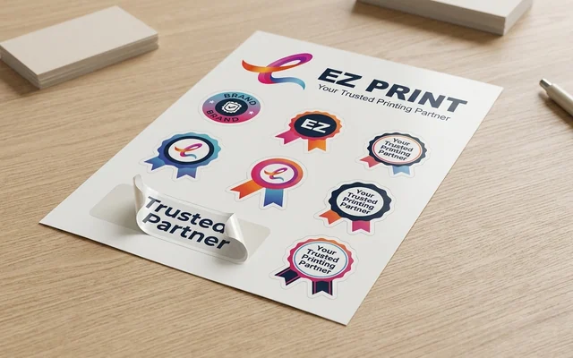 Kiss-cut sticker sheets with multiple peelable stickers on an A4 backing, with the EZ Print logo.