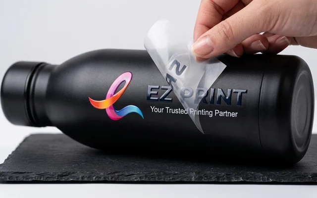 UV DTF raised rub-on transfers applied directly to rigid drinkware, with the EZ Print logo.