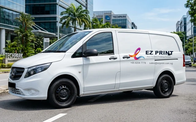 Weatherproof vehicle decals applied to car and van doors, with the EZ Print logo.