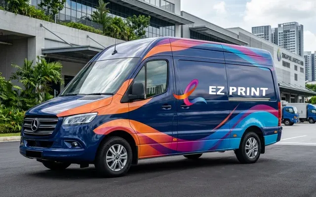 Full-coverage vehicle wrap graphics on commercial delivery vans, with the EZ Print logo.