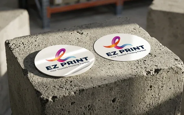 Heavy-duty waterproof vinyl stickers for indoor and outdoor equipment, with the EZ Print logo.