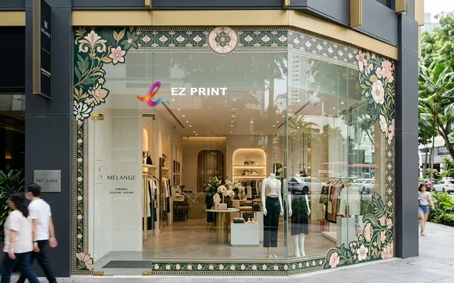 Window film printed graphics for architectural glass displays, with the EZ Print logo.