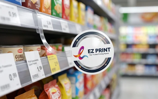 Shelf wobblers with flexible clear plastic arms for retail shelves, with the EZ Print logo.