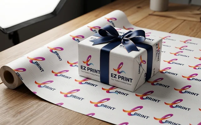 Custom printed gift wrapping paper rolls, with the EZ Print logo.