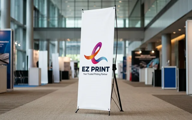 Lightweight X-stand banners with tensioned corner eyelets, with the EZ Print logo.