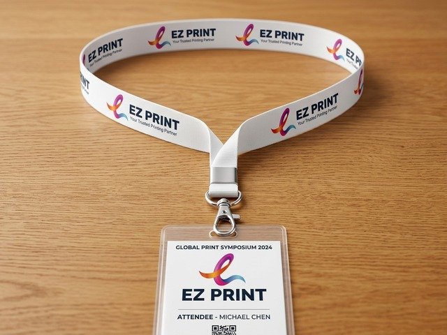 Custom white woven satin lanyard with repeating EZ Print ribbon logo, single chrome swivel lobster clasp and transparent ID badge pass.
