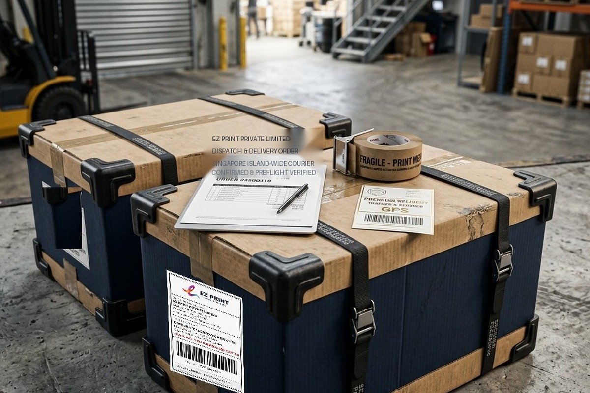 Illustration: packaged cartons prepared for courier dispatch