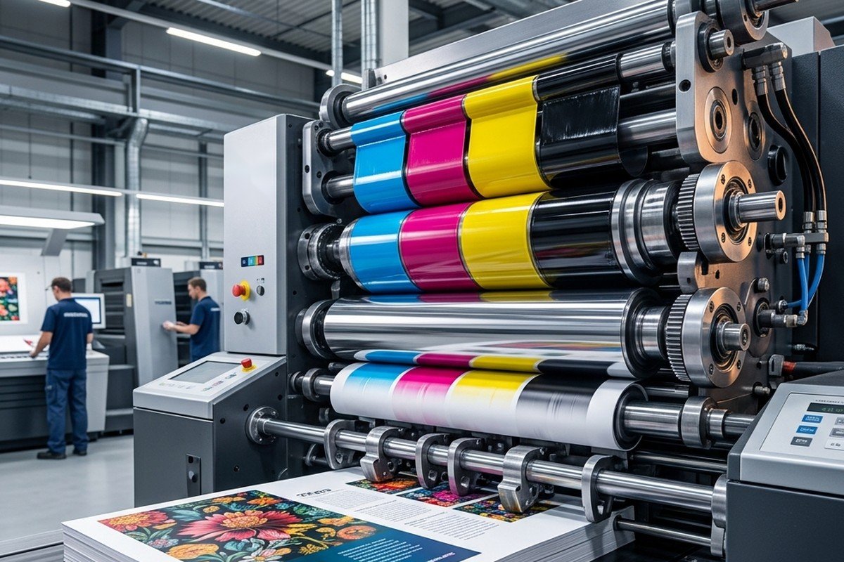 Illustration: commercial printing press with ink rollers and colour units